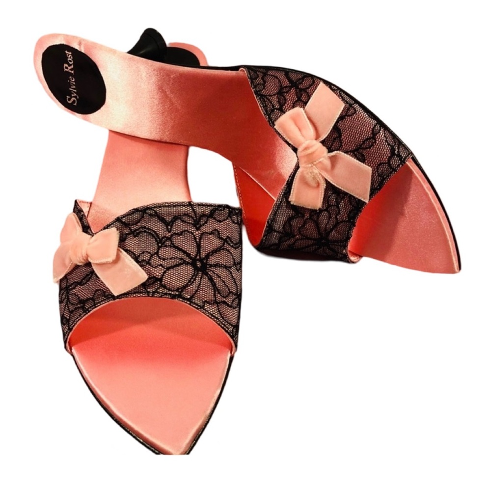 Sylvie Rose Pink Satin Mules with Black Lace